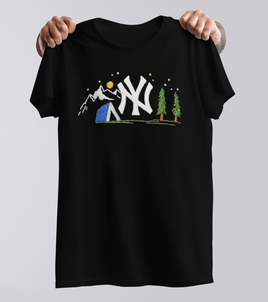 New York Yankees Embroidered Camping Mountain Tent Scene Cap T-Shirt