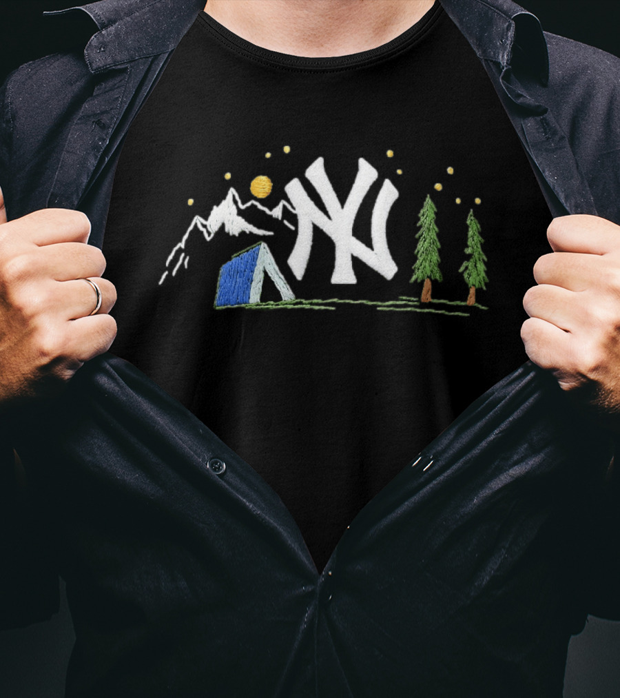 New York Yankees Embroidered Camping Mountain Tent Scene Cap T-Shirt