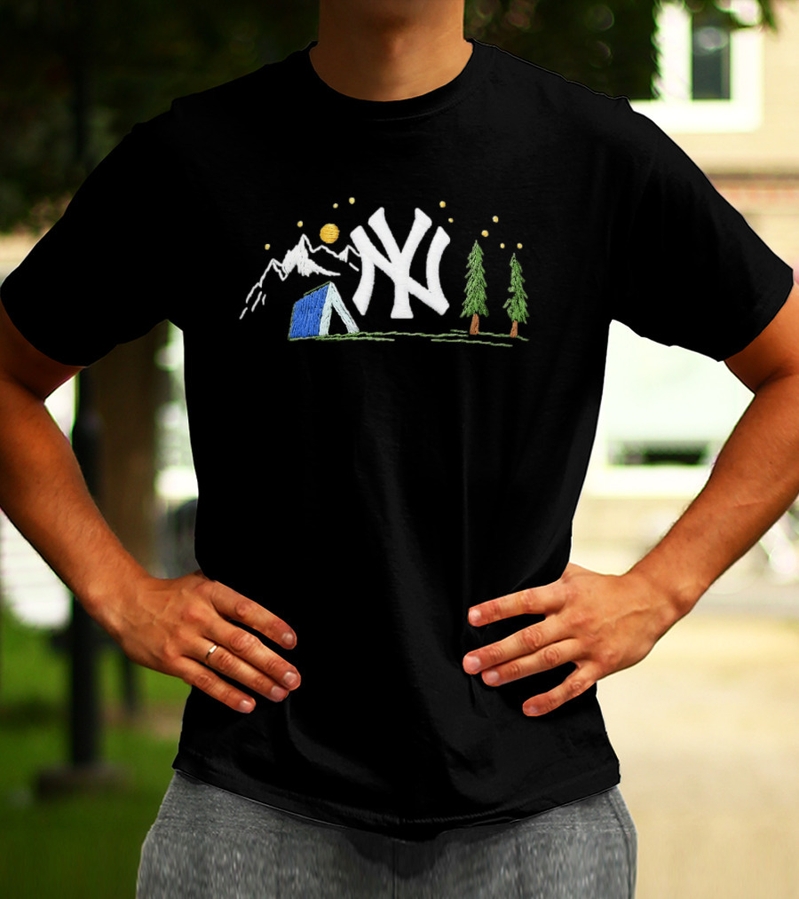 New York Yankees Embroidered Camping Mountain Tent Scene Cap T-Shirt