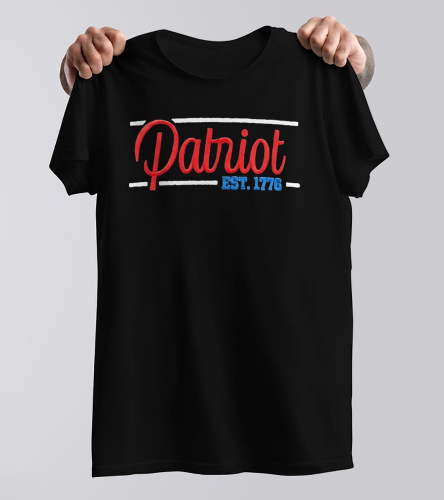 Patriot Est 1776 American Independence Bold Red And Blue Embroidered Lettering T-Shirt