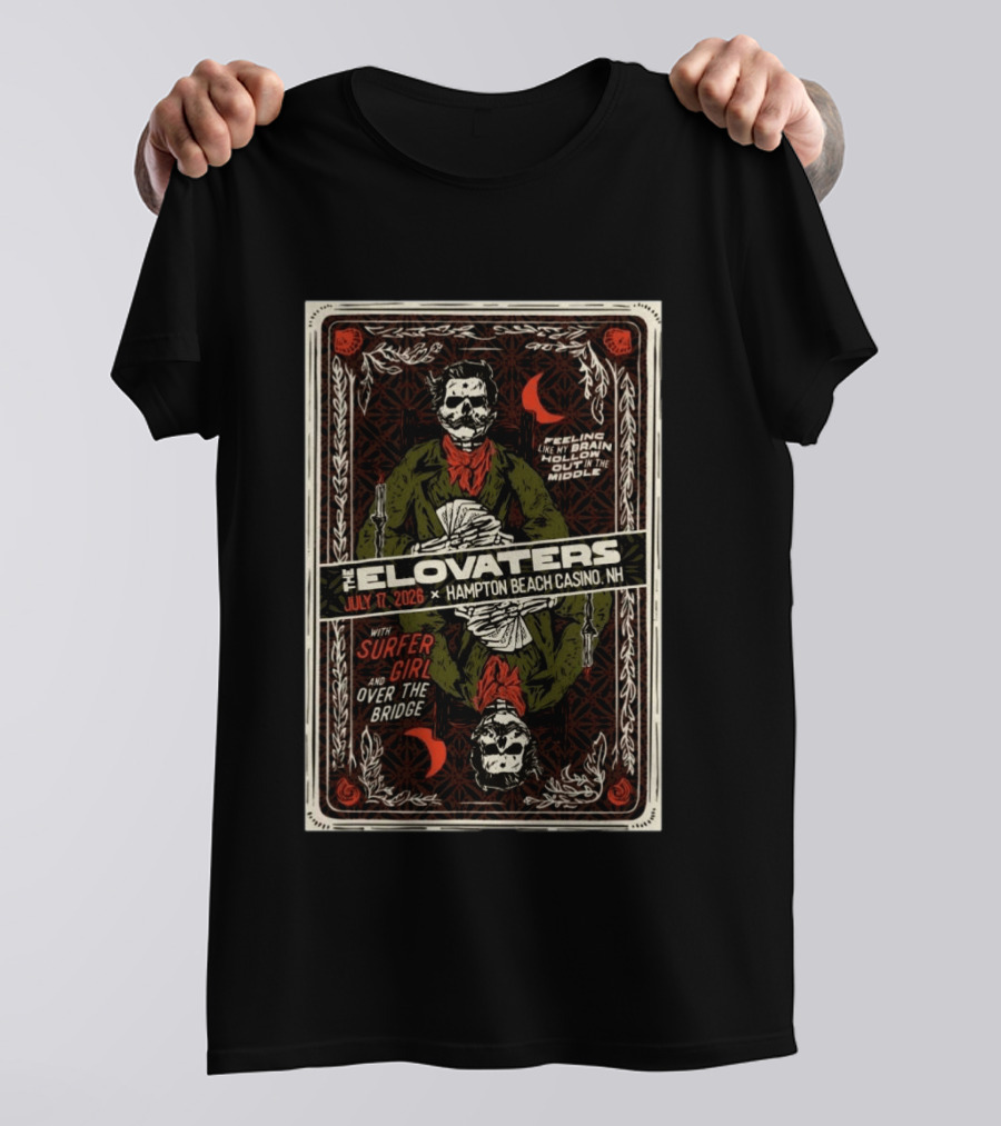 The Elovaters July 17 2026 Hampton Beach Casino NH Surfer Girl Over The Bridge Skeleton Cards T-Shirt