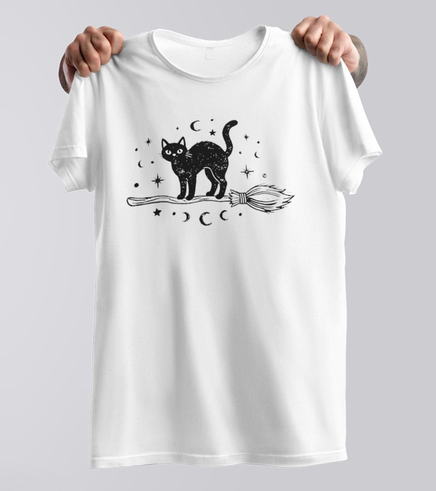 Black Cat With Celestial Moons Stars On Broomstick T-Shirt