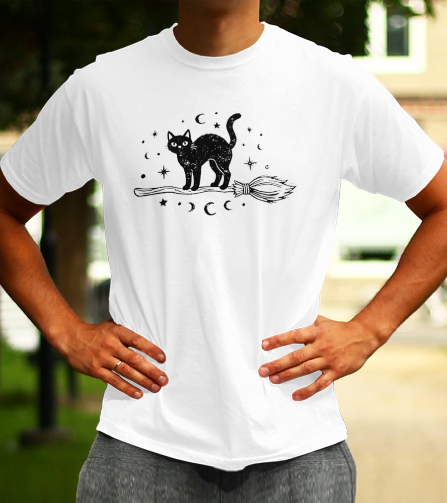 Black Cat With Celestial Moons Stars On Broomstick T-Shirt