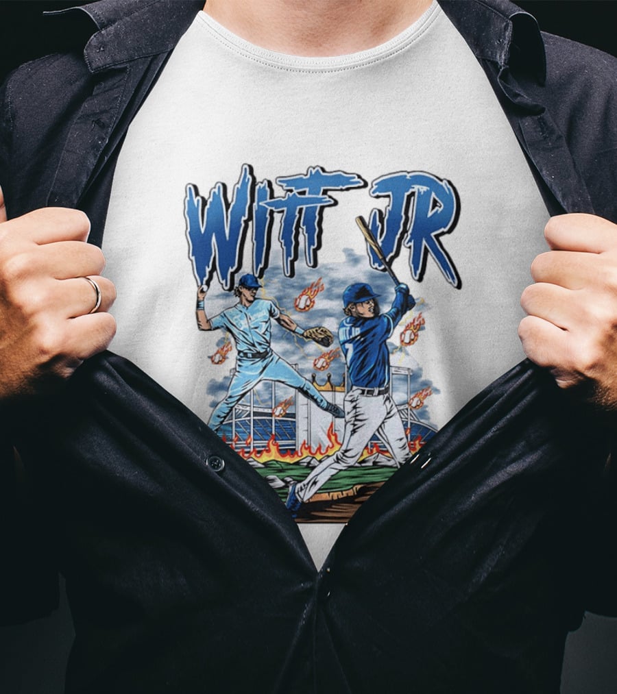 Bobby Witt Jr Kansas City Royals Baseball Player Illustration With Dynamic Action Scenes T-Shirt