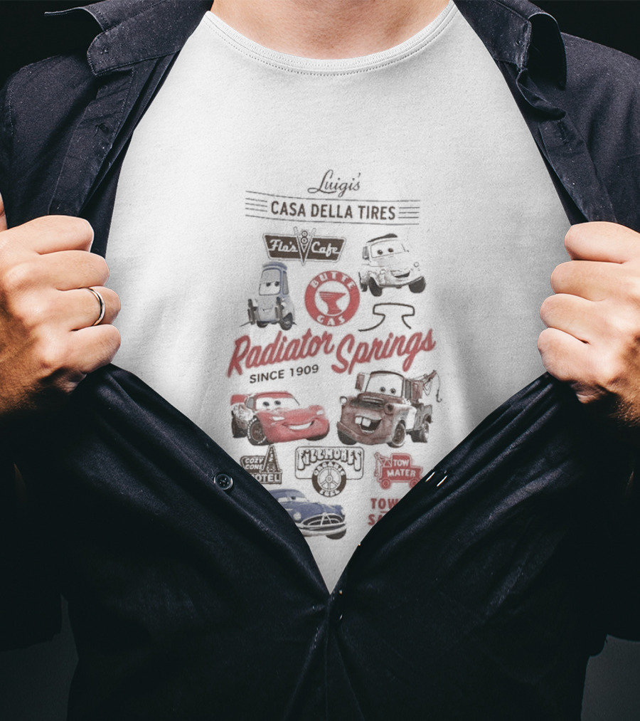 Luigi's Casa Della Tires Radiator Springs Classics Since 1909 Piston Cup Racing 95 Mater Tractor Tipping T-Shirt