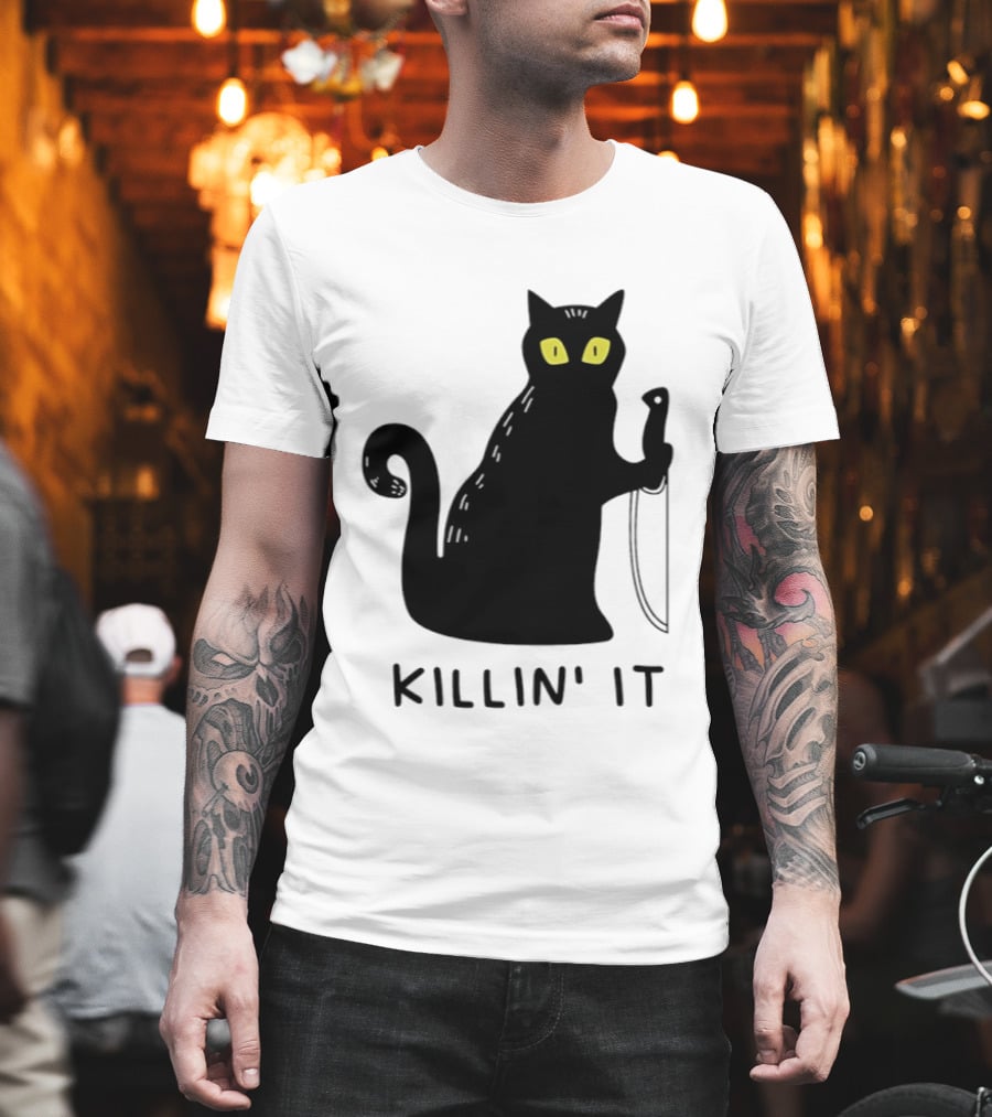 Black Cat Killin' It Halloween Knife T-Shirt