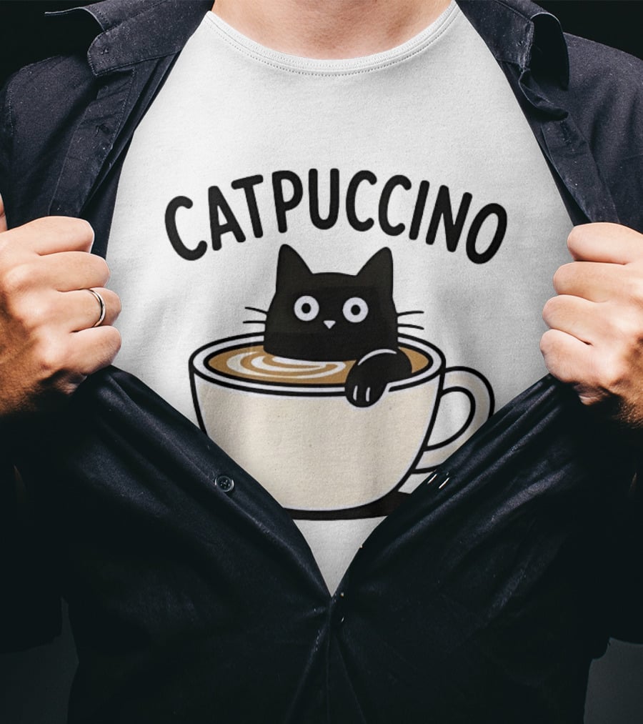 CATPUCCINO Black Cat In A Coffee Cup Cappuccino T-Shirt