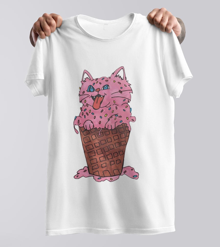 Pink Cat Ice Cream Cone Sprinkles Waffle Delight T-Shirt