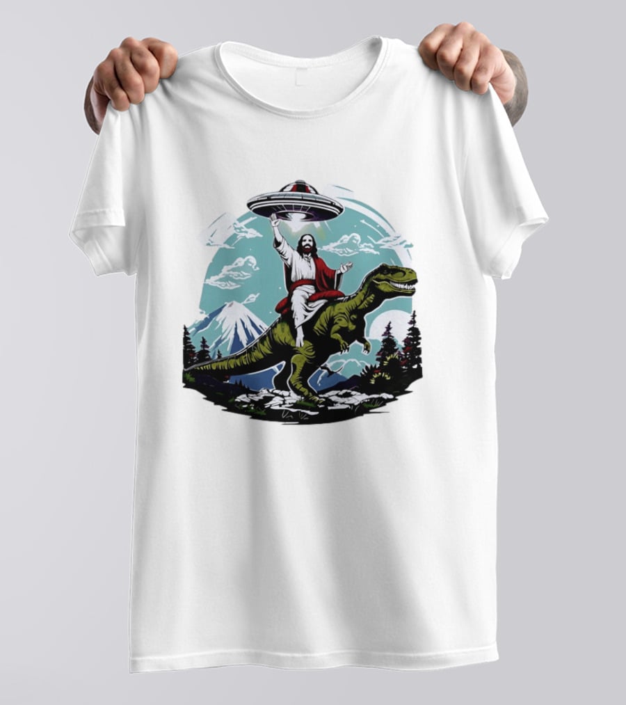 Jesus Riding Rex UFO Nature Scene With Mountains And Trees T-Shirt