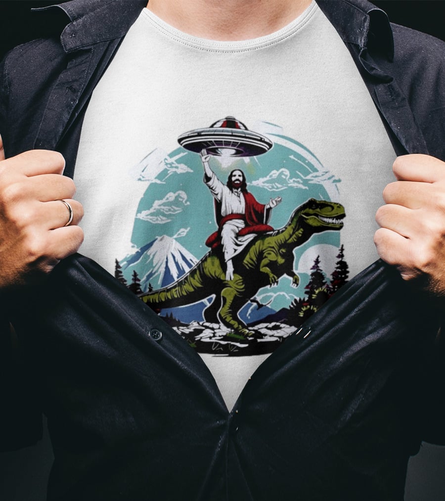 Jesus Riding Rex UFO Nature Scene With Mountains And Trees T-Shirt