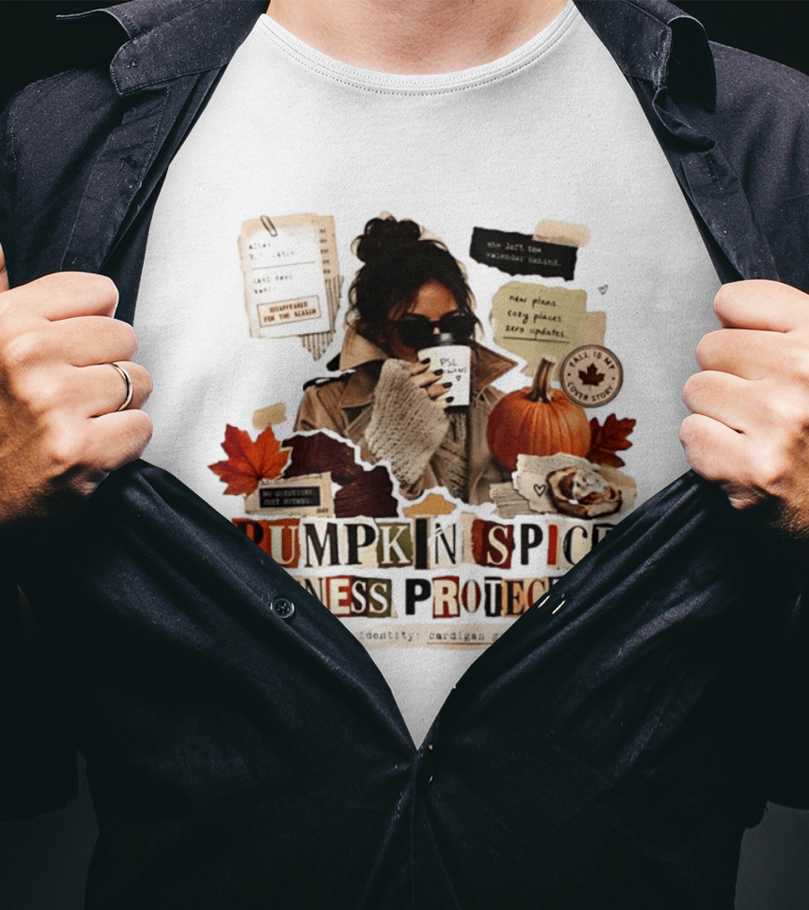 Pumpkin Spice Witness Protection Cozy Autumn Vibes PSL Pumpkin Latte New Plans Cozy Places Cardigan Girl T-Shirt