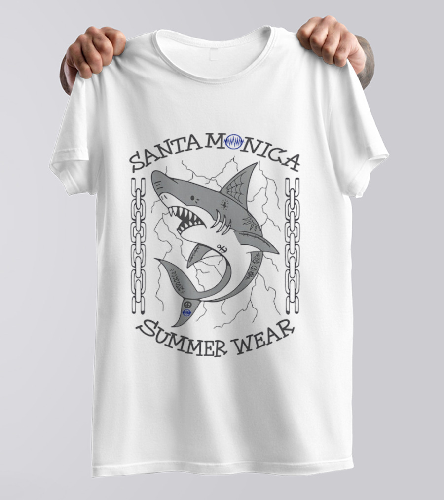 Santa Monica Summer Wear Shark Tattoo Chains And Waves T-Shirt