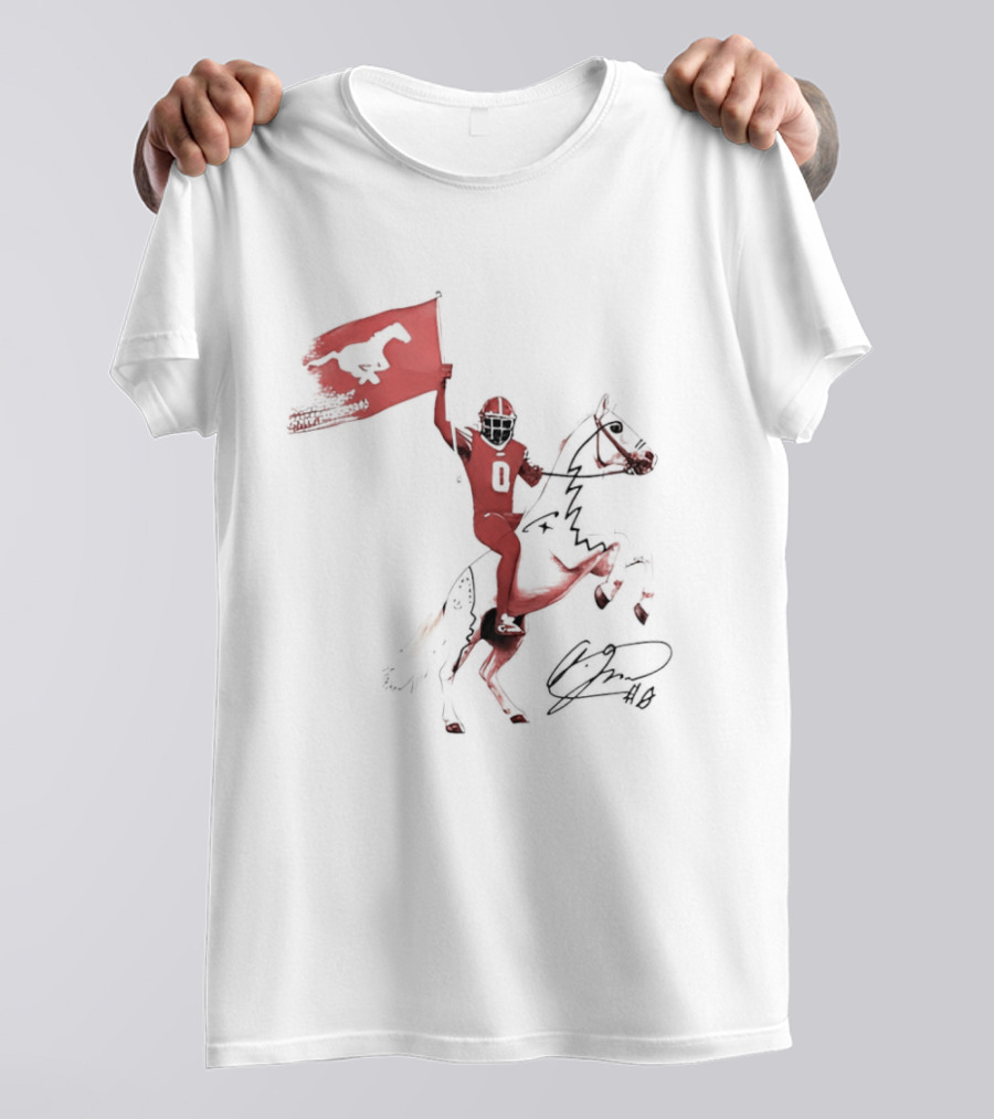 SMU Mustangs Football Player Riding Horse Holding Flag Number 0 T-Shirt