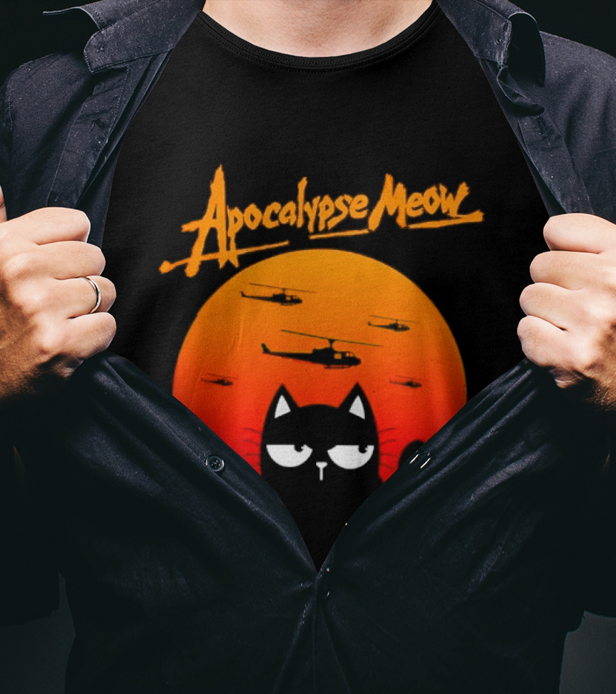 Apocalypse Meow Cat Helicopter Orange Sun T-Shirt