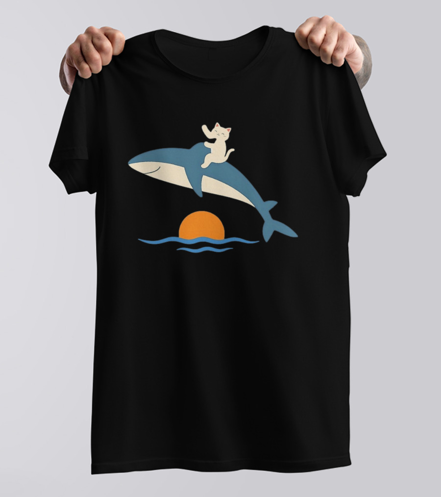 Cat On Orca Whale At Sunset Ocean Waves Scene T-Shirt