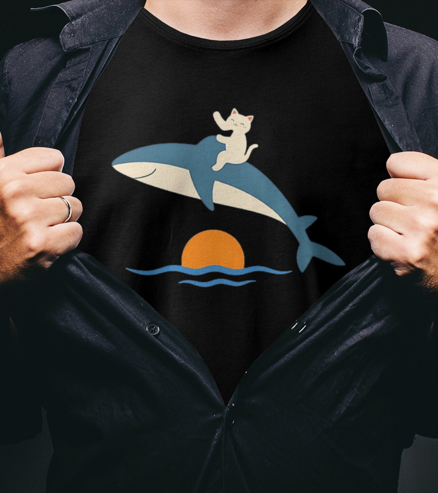 Cat On Orca Whale At Sunset Ocean Waves Scene T-Shirt