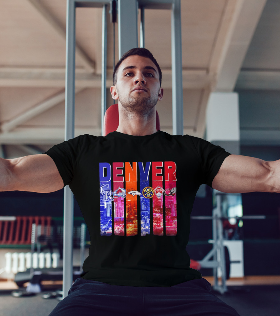 Denver City Skyline With Colorado Rockies Avalanche Broncos Nuggets Rapids Mammoth T-Shirt