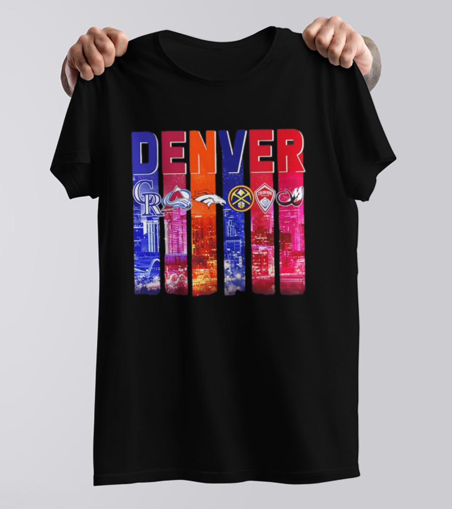 Denver City Skyline With Colorado Rockies Avalanche Broncos Nuggets Rapids Mammoth T-Shirt