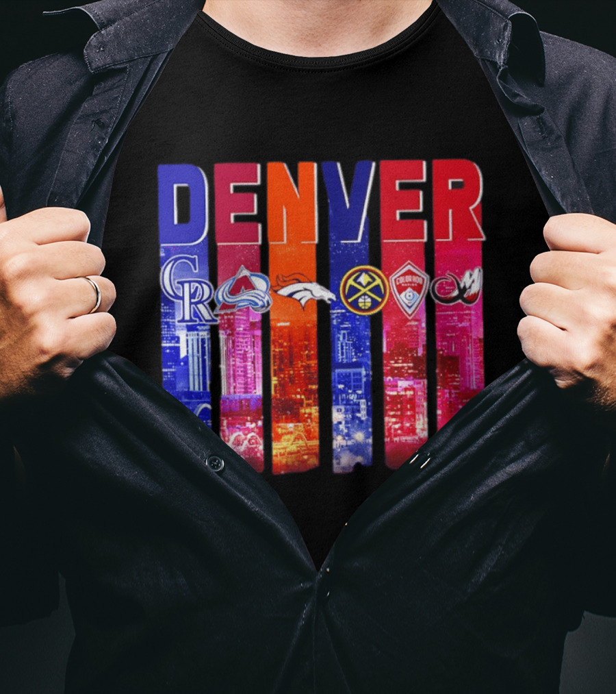 Denver City Skyline With Colorado Rockies Avalanche Broncos Nuggets Rapids Mammoth T-Shirt