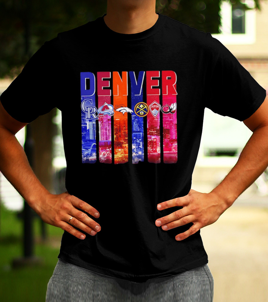 Denver City Skyline With Colorado Rockies Avalanche Broncos Nuggets Rapids Mammoth T-Shirt
