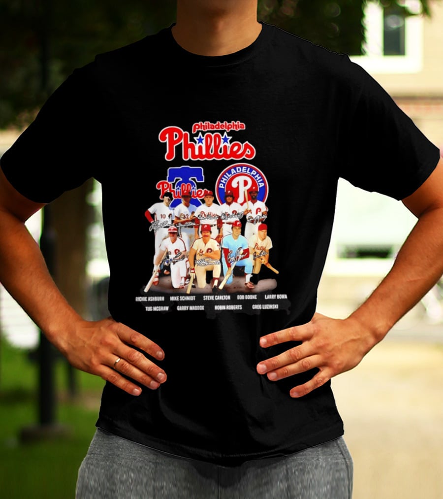 Philadelphia Phillies Legends Ashburn Schmidt Carlton Boone Bowa McGraw Maddox Roberts Luzinski Signatures Vintage Players T-Shirt