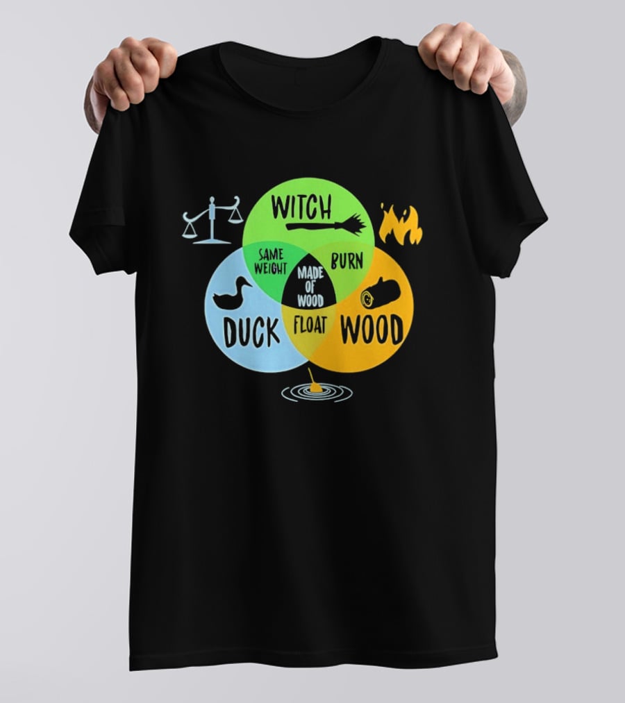 Monty Python Witch Duck Same Weight Made Of Wood Burn Float Venn Diagram T-Shirt