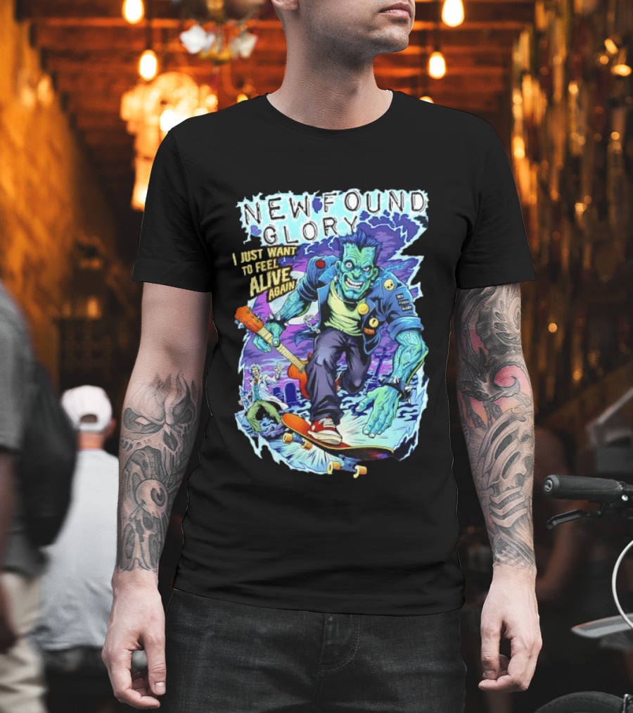 New Found Glory I Just Want To Feel Alive Again Frankenstein Skateboard Zombie Punk T-Shirt