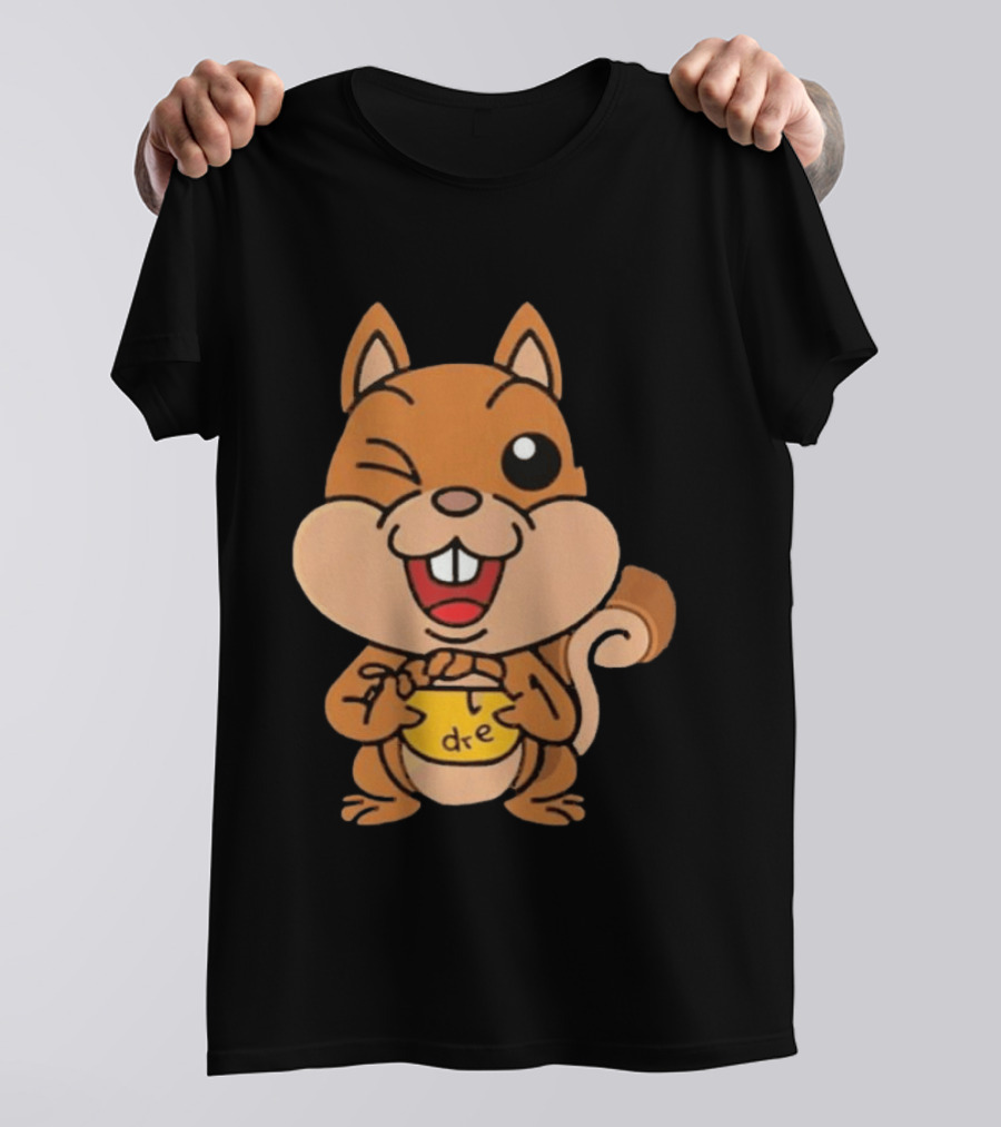 Cartoon Squirrel Holding Yellow Object With "dre" T-Shirt
