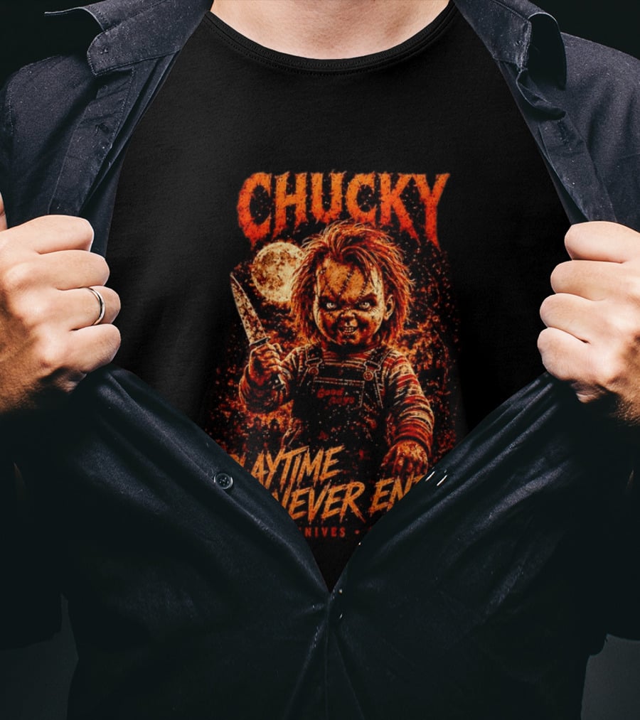 Chucky Playtime Never Ends Chaos Knives Mayhem T-Shirt