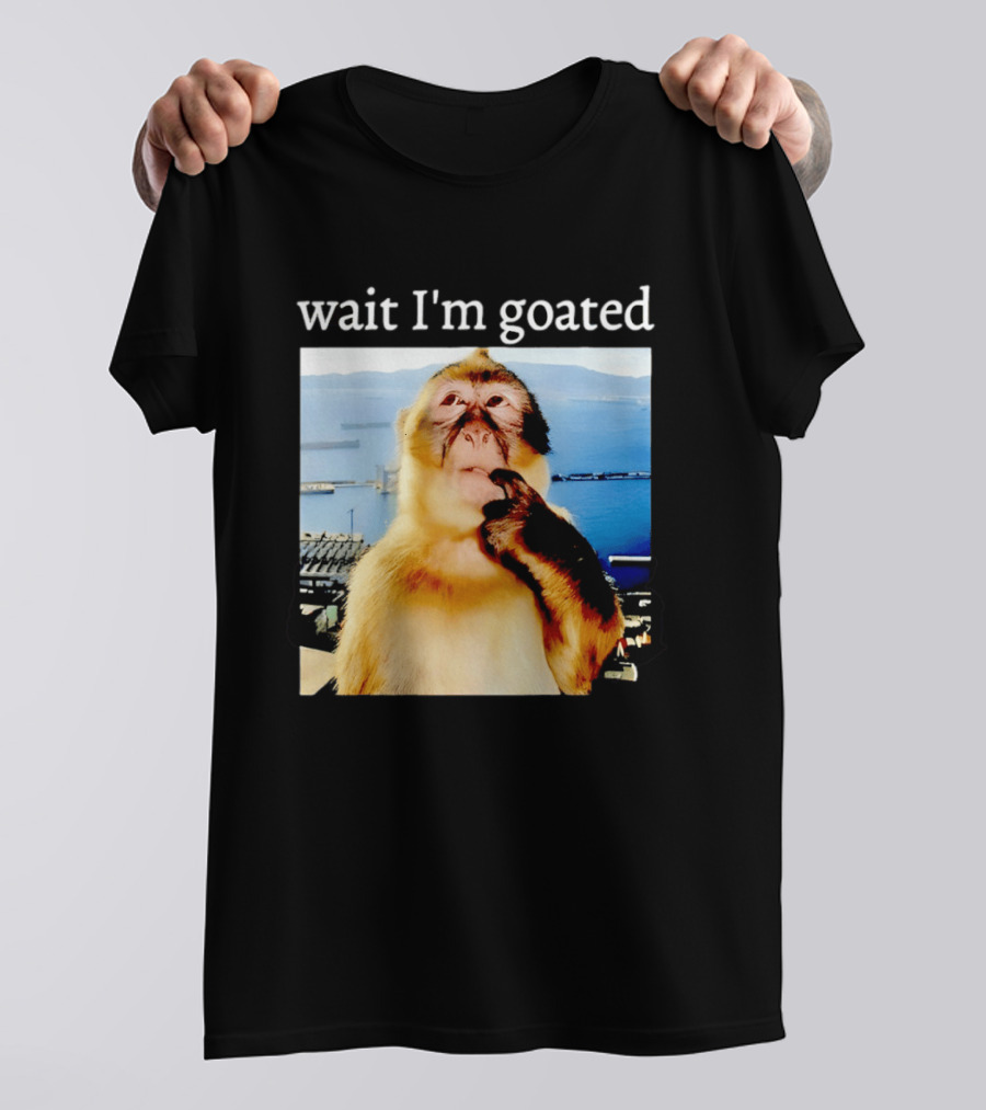 Wait I'm Goated Monkey Meme Coastal View Playful Expression T-Shirt
