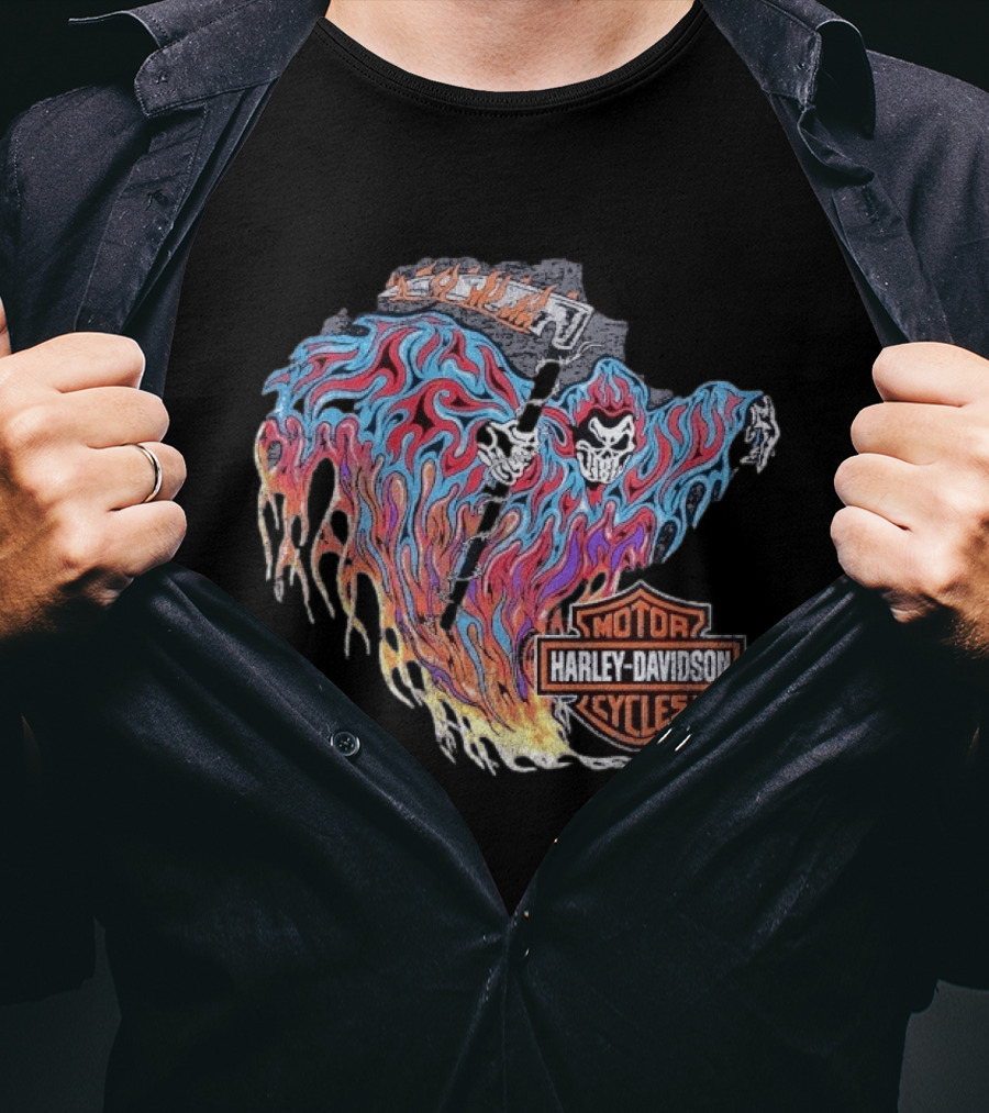 Warren Lotas Harley Davidson Reaper Flames Motor Cycles T-Shirt