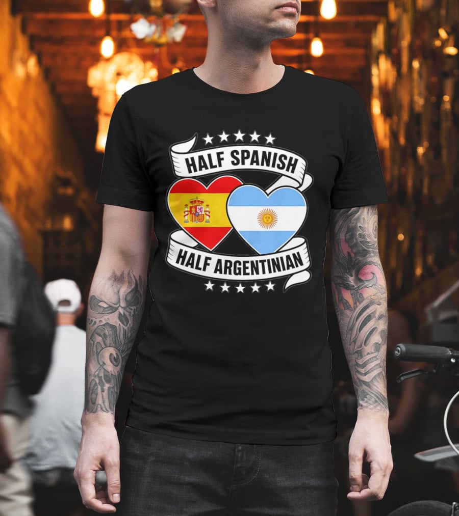 Half Spanish Half Argentinian Heart Flags Banner Star T-Shirt