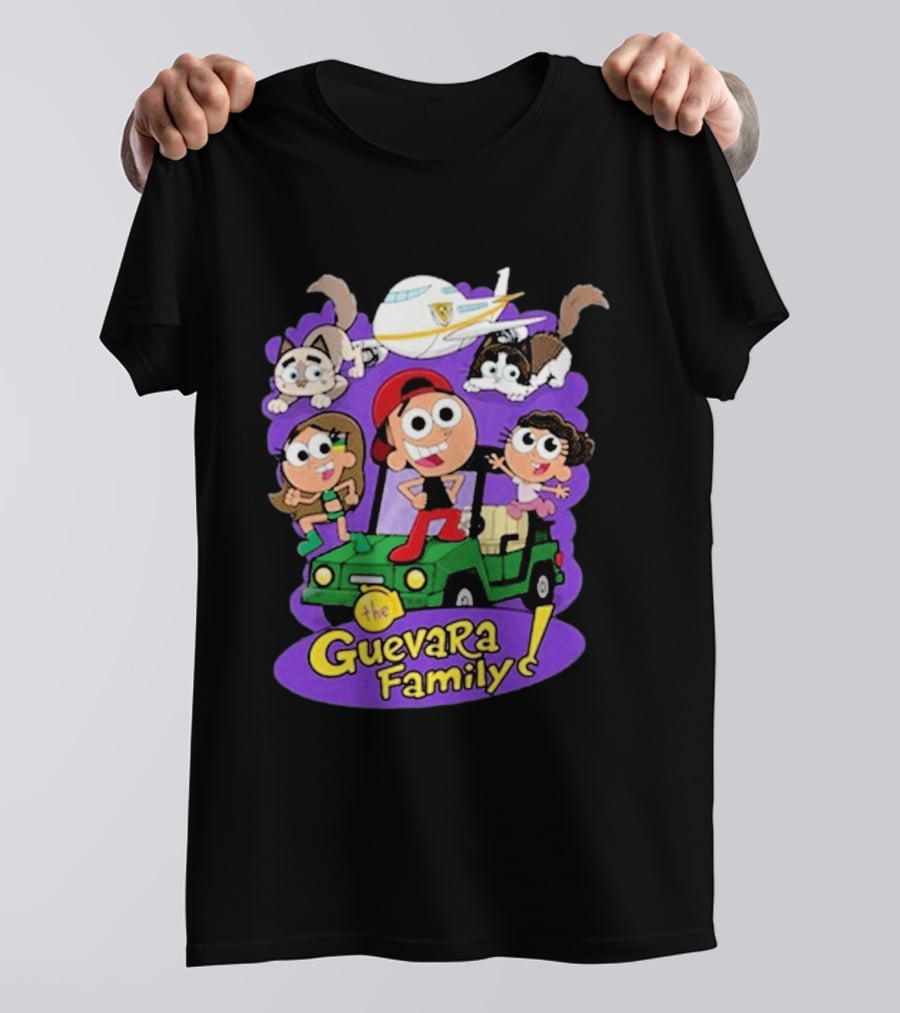 The Guevara Family Cartoon Adventure With Pets And Airplane T-Shirt