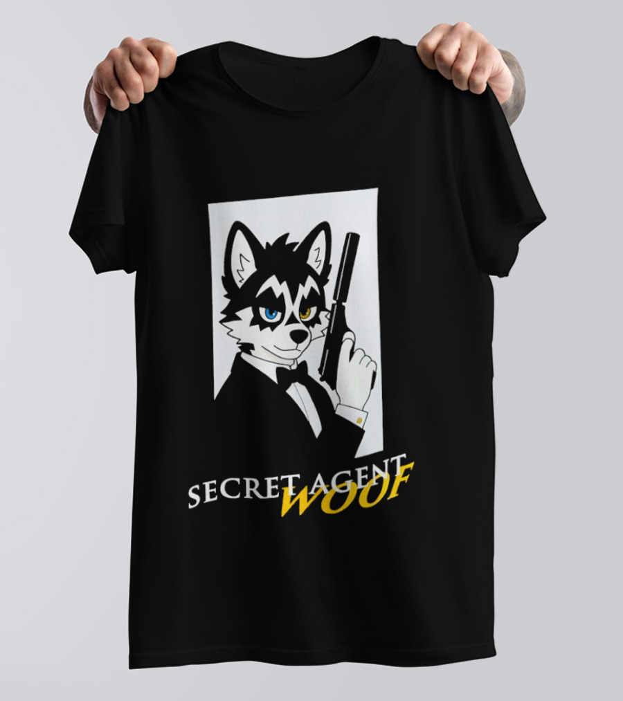 Secret Agent Woof Husky Tuxedo Spy Dog Holding Pistol Image T-Shirt