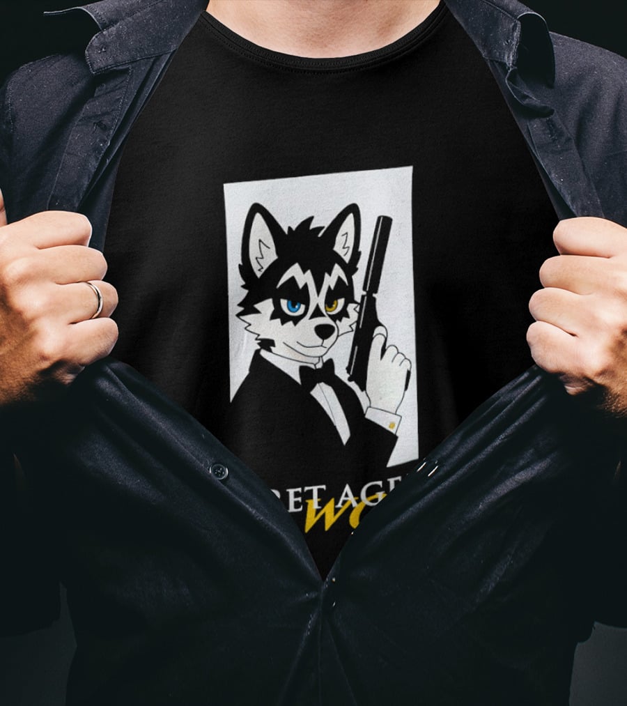 Secret Agent Woof Husky Tuxedo Spy Dog Holding Pistol Image T-Shirt