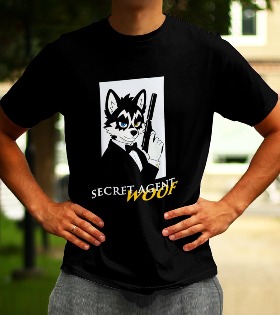 Secret Agent Woof Husky Tuxedo Spy Dog Holding Pistol Image T-Shirt