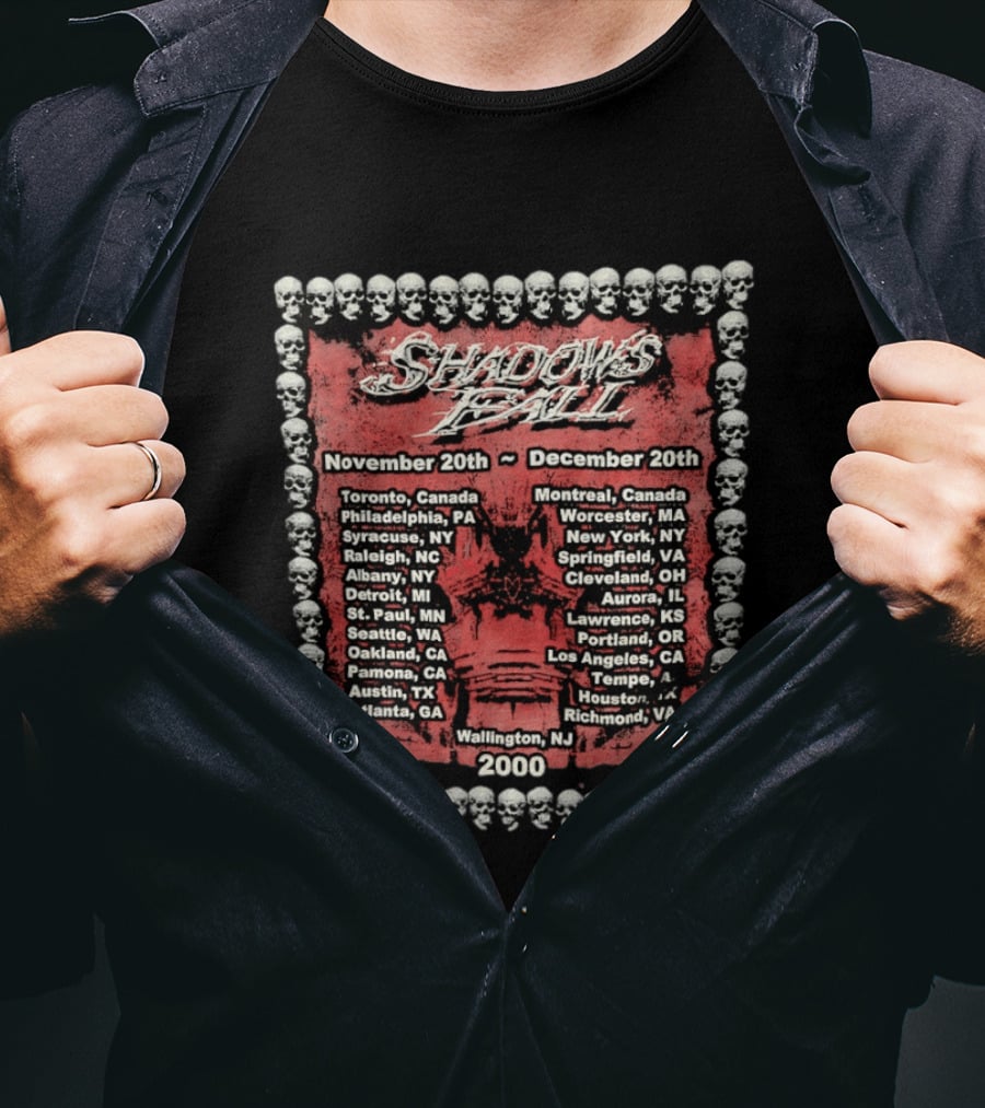 Shadows Fall 2000 Tour Dates Skull Border November December Toronto Montreal New York Los Angeles T-Shirt