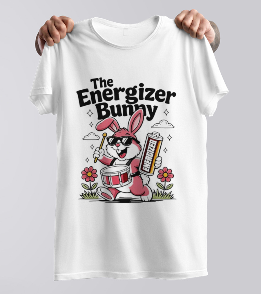 The Energizer Bunny Playing Drum Cartoon Pink Rabbit Sunglasses Drumming With Battery And Flowers T-Shirt