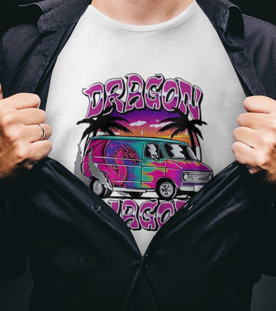 Dragon Wagon Van Tie Dye Sunset With Palm Trees T-Shirt