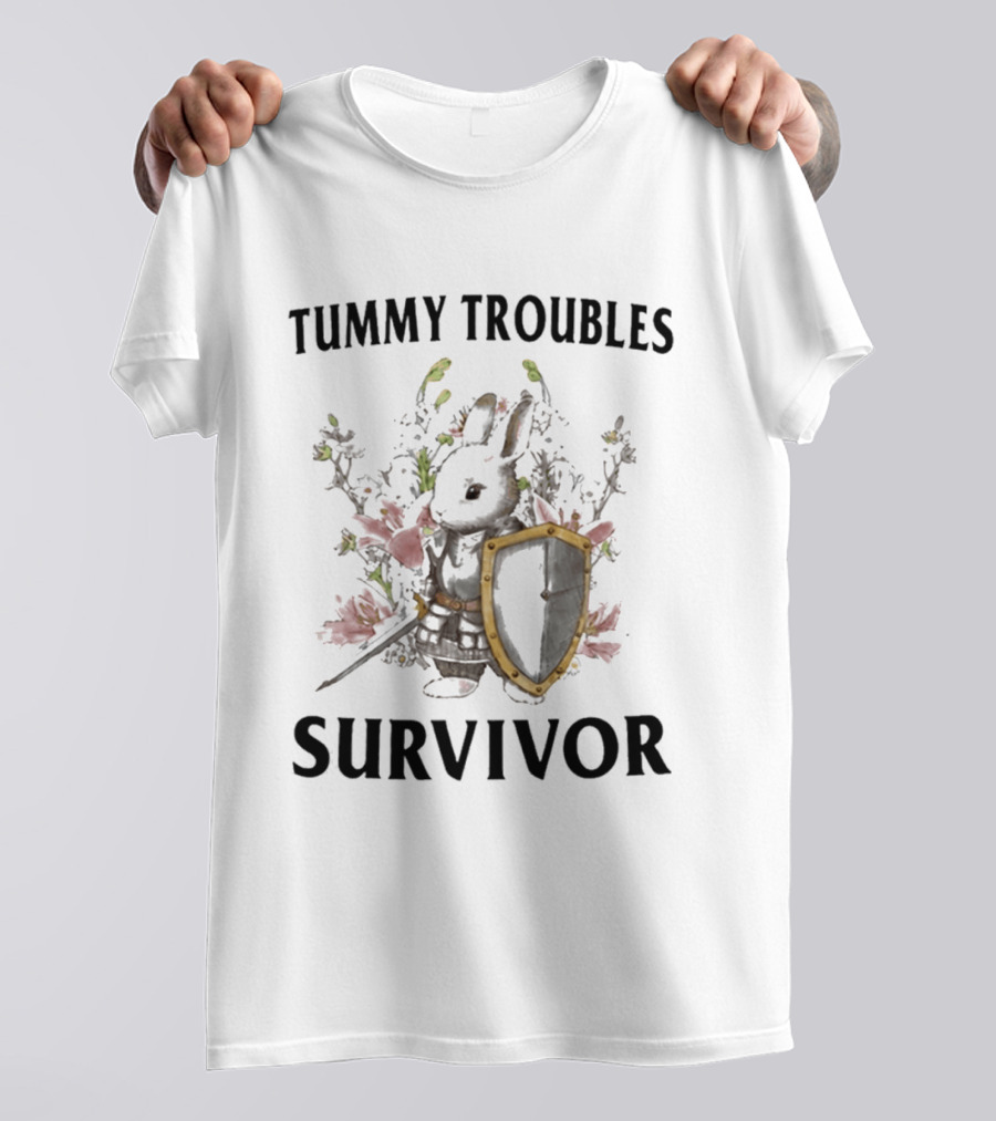 Tummy Troubles Survivor Bunny With Shield And Flowers T-Shirt