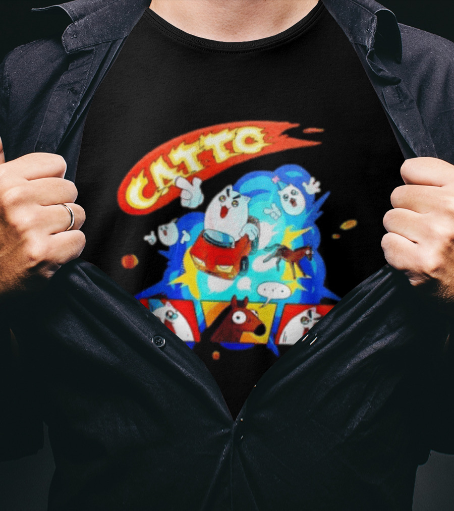 Catto Cartoon Cat Driving A Car With Funny Expressions And Comic Style Panels T-Shirt
