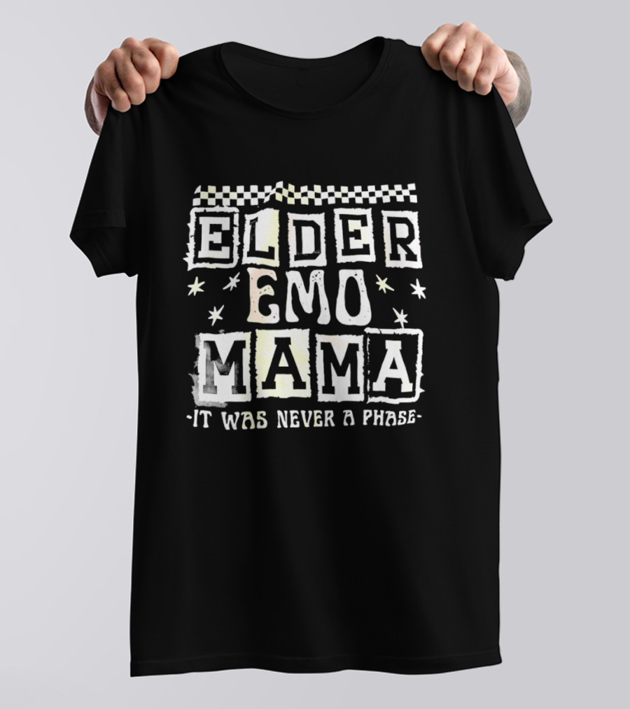 Elder Emo Mama It Was Never A Phase Vintage Retro Checkerboard Star Emo Font T-Shirt
