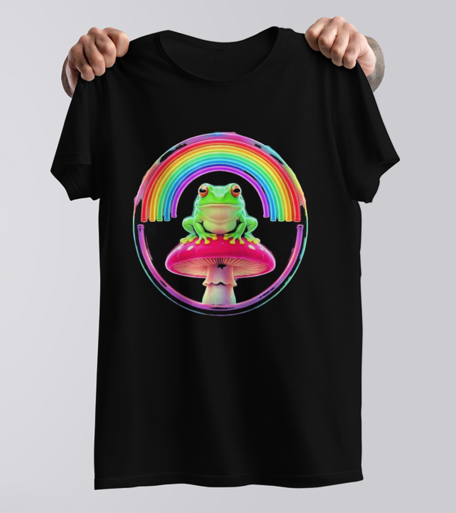 Neon Frog On Mushroom Under Vibrant Rainbow Circle T-Shirt