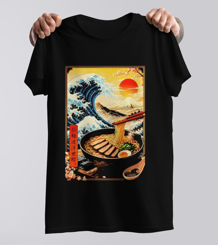 Great Wave Ramen Ukiyo E Japanese Noodles Cherry Blossoms Sun Mountain T-Shirt