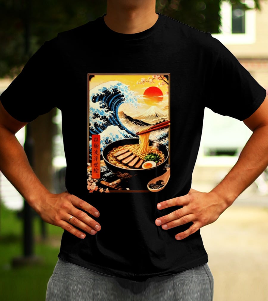 Great Wave Ramen Ukiyo E Japanese Noodles Cherry Blossoms Sun Mountain T-Shirt