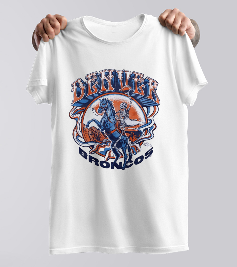 Denver Broncos Skeleton Horse Rider Football T-Shirt