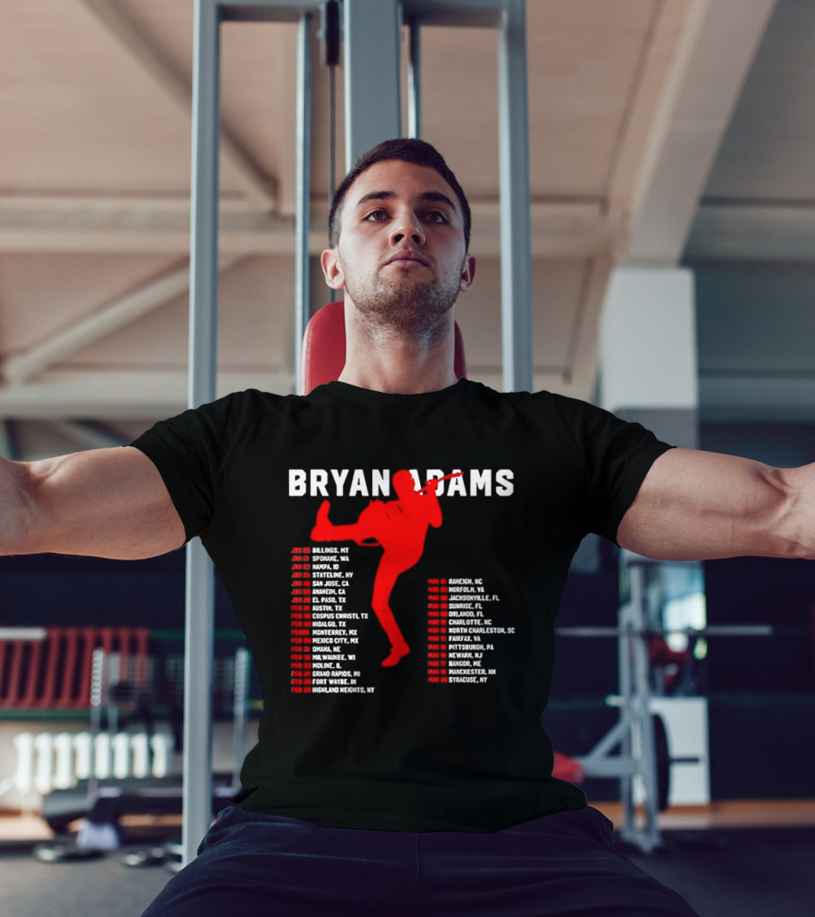 Bryan Adams Kicking Guitar With 2023 Tour Dates And Cities T-Shirt
