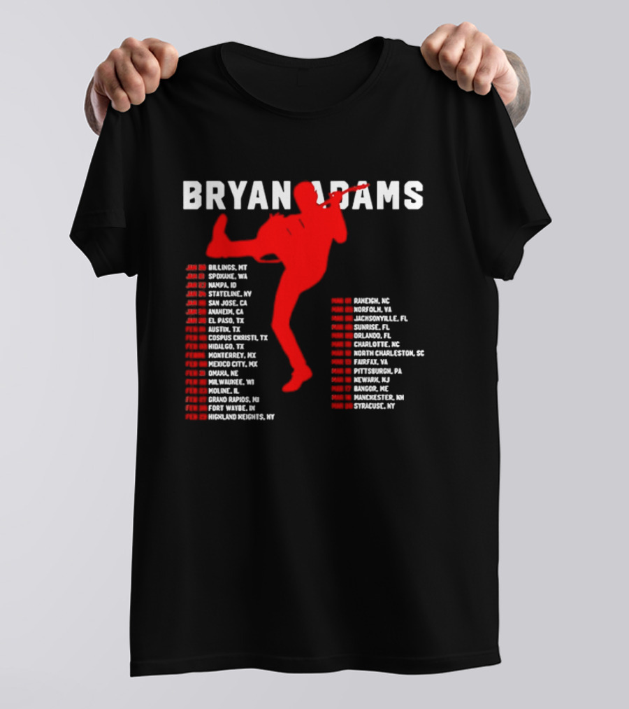 Bryan Adams Kicking Guitar With 2023 Tour Dates And Cities T-Shirt