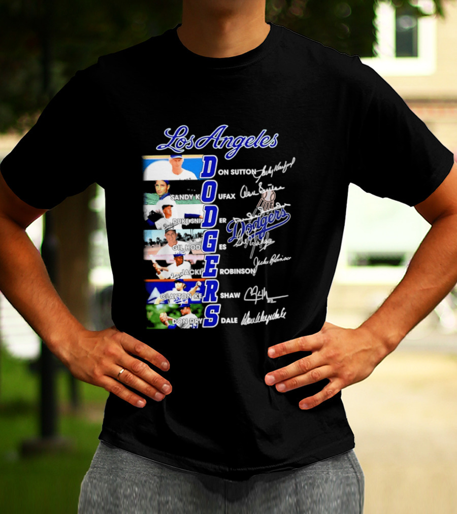 Los Angeles Dodgers Don Sutton Sandy Koufax Duke Snider Gil Hodges Jackie Robinson Clayton Kershaw Don Drysdale Signatures T-Shirt