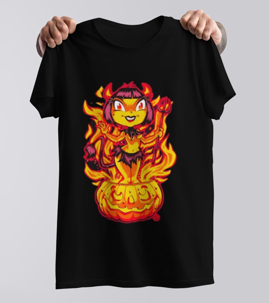 Devil Girl In Jack O' Lantern Halloween Flames With Pitchfork And Tail T-Shirt